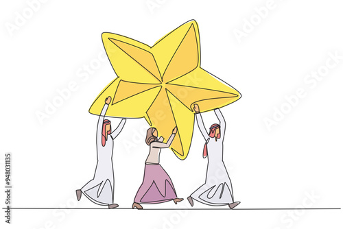 Single continuous line drawing a group of Arab businessmen and Arab businesswomen work together carrying star. Strengthen each other. Achieving dreams together. One line design vector illustration