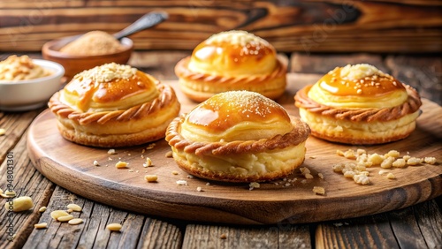 Freshly baked sweet pastry filled with a tangy and creamy cheese mixture, topped with a golden brown sugar crust, on a rustic wooden background.