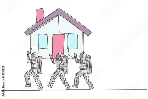 Single one line drawing group of astronauts work together carrying a miniature house. Investment in home property. Very profitable in the future. Cosmonaut. Continuous line design graphic illustration