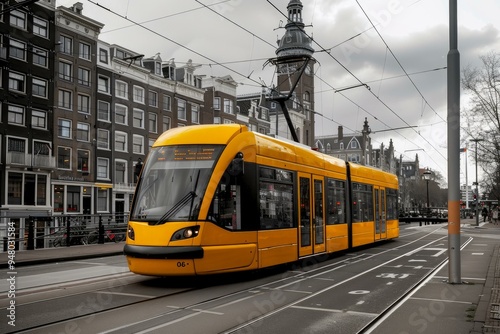 Yellow tram is driving through the city center of amsterdam on a cloudy day