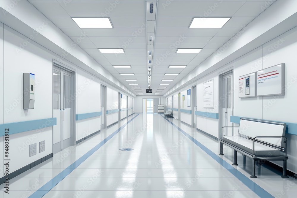 A clean, modern hospital corridor with bright lighting and a bench at the end
