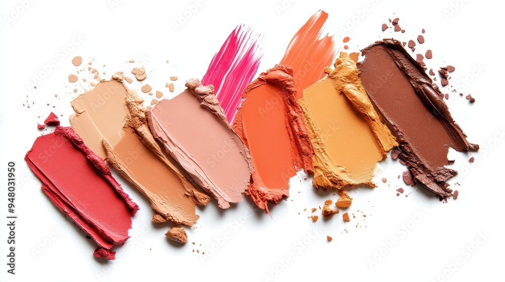 A colorful arrangement of various cosmetic smudges spread across a white background, highlighting rich textures and bright shades A colorful arrangement of various cosmetic smudges spread across a white background, highlighting rich textures and bright shades
