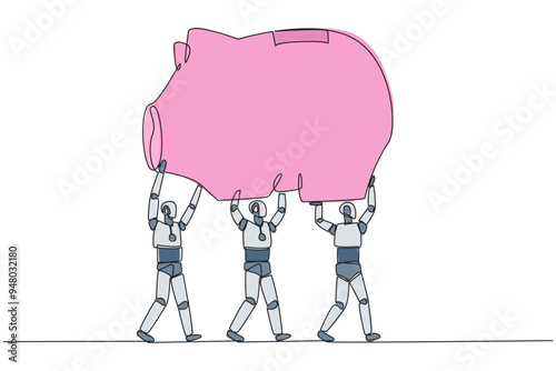 Single continuous line drawing group of robots work together carrying a piggy bank. Reminding the importance of investment. Not wasteful. Future technology concept. One line design vector illustration
