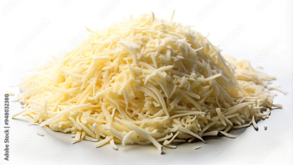 Freshly shredded mozzarella cheese piled high in a circular formation, with rounded edges and a sprinkle of parmesan on top, against a clean white background. Freshly shredded mozzarella cheese piled high in a circular formation, with rounded edges and a sprinkle of parmesan on top, against a clean white background.