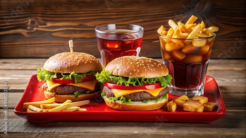 Freshly prepared burgers, crispy fries, and a cold drink neatly arranged on a red tray, ready for a satisfying and indulgent fast food fix. photo