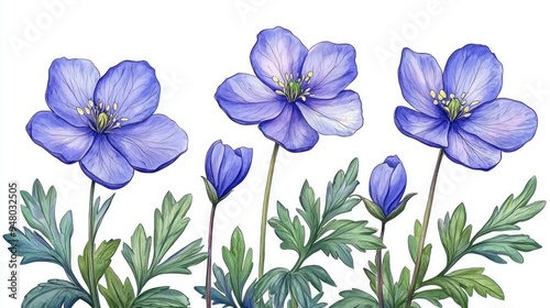 Beautiful illustration of blue flowers showcasing delicate petals and lush green leaves, perfect for botanical themes.