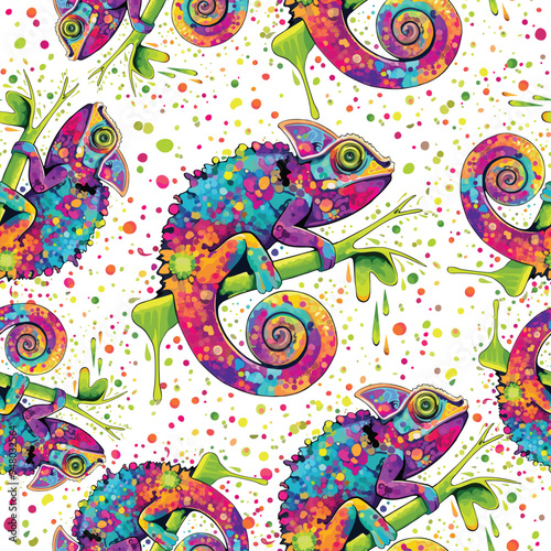 Chameleon Paint Stains Watercolor Style Vector Repeat Seamless Pattern Illustration 
