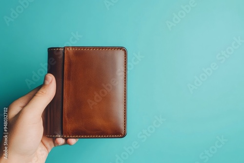 A person holding a luxury leather wallet against a solid color background, showcasing its sleek design and high-quality craftsmanship. photo