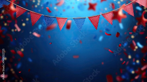 Colorful festive background with red and blue bunting, confetti, and vibrant decorations, perfect for celebrations and parties.