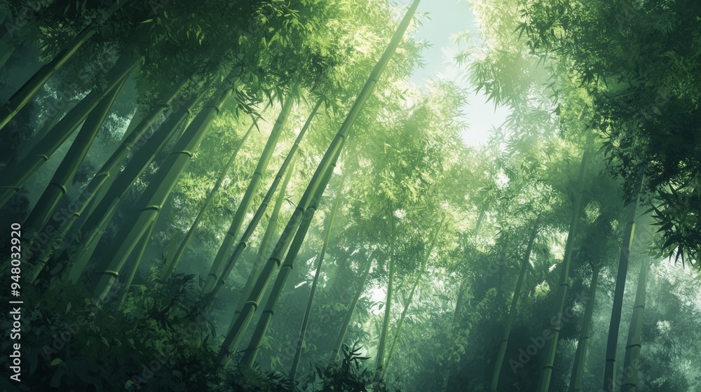 Obraz premium Tall, green bamboo trees swaying gently in the breeze, serene and lush