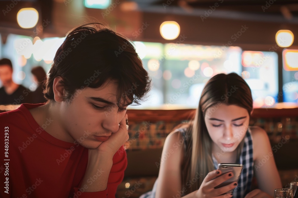 jealous girlfriend peeking her boyfriend mobile phone while he is reading a message jealous girlfriend peeking her boyfriend mobile phone while he is reading a message