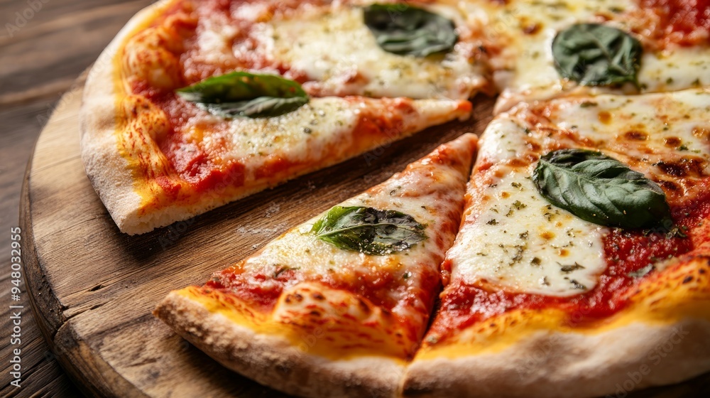 Fototapeta premium Taking piece of delicious Margherita pizza at wooden table, closeup