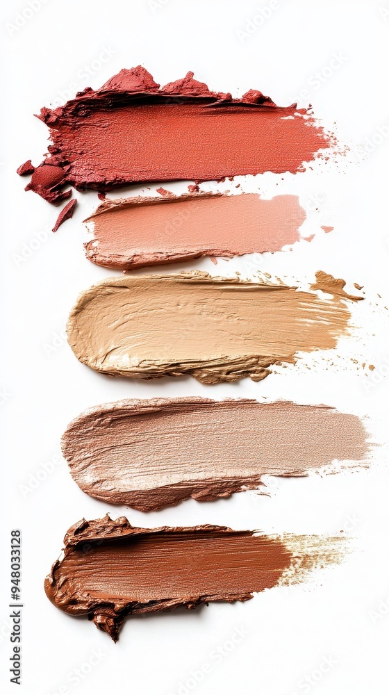A colorful arrangement of cosmetic smudges presents a blend of rich shades on a clean white surface, highlighting diverse tones A colorful arrangement of cosmetic smudges presents a blend of rich shades on a clean white surface, highlighting diverse tones