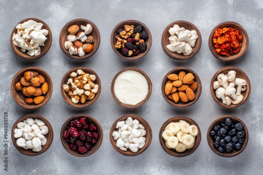 Assorted nuts berries in wooden bowls on textured background Assorted nuts berries in wooden bowls on textured background