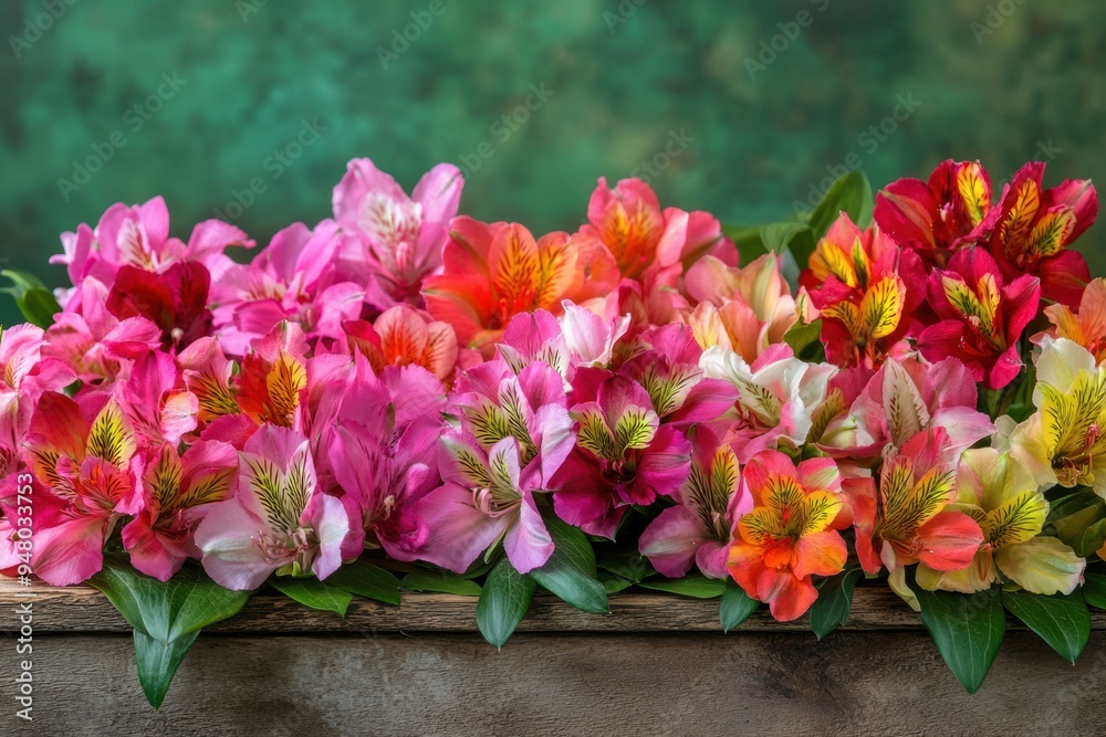 Vibrant alstroemeria flowers on rustic wooden backdrop Vibrant alstroemeria flowers on rustic wooden backdrop