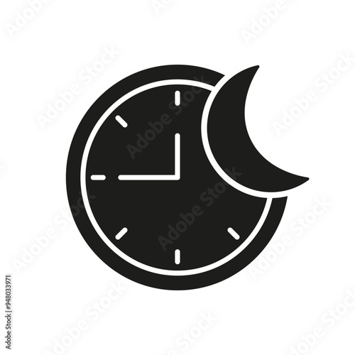 Night Time Silhouette Icon, Clock With Moon, Sleep Schedules And Bedtime Routines for Digital Applications. Isolated Vector Illustration