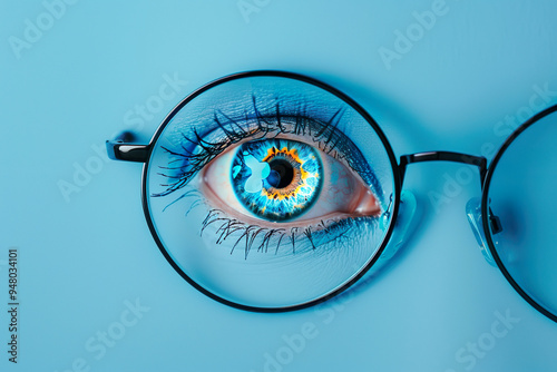 Detailed Close-Up of Blue Human Eye with Glasses on Blue Background Showing Iris and Eyelashes. World Sight Day, copy space photo