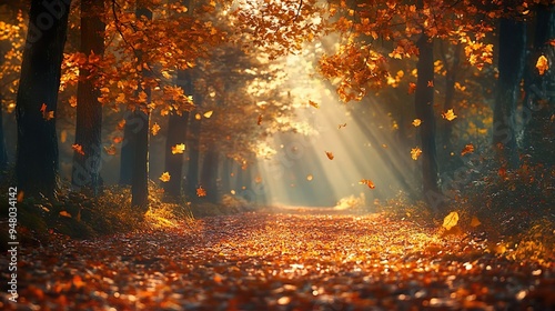 Vibrant Autumn Woodland with Rich Leaves and Gentle Sunlight Casting Warm Glow Through Trees