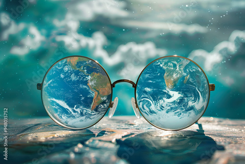 Surreal Globe Through Eyeglasses Reflection in Nature.
World Sight Day, copy space