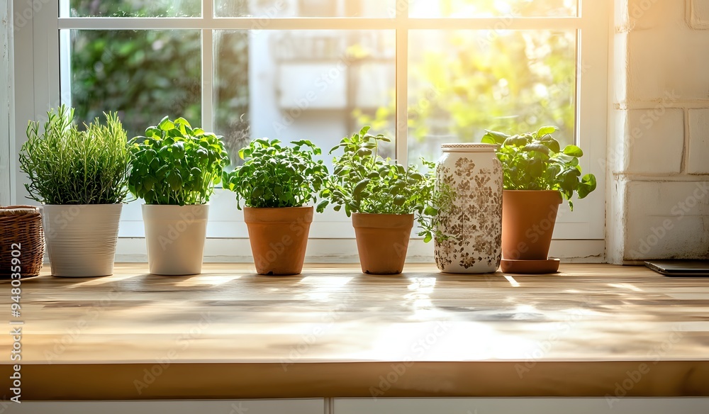 Sunlight Streaming Through Window Illuminates Row of Potted Herbs on Wooden Countertop Sunlight Streaming Through Window Illuminates Row of Potted Herbs on Wooden Countertop