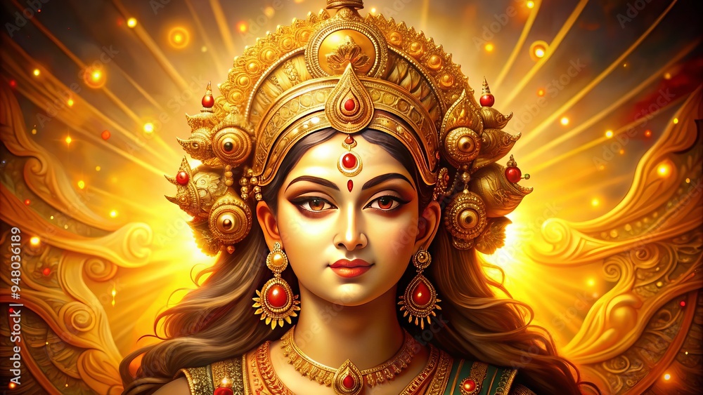 Golden-hued, serene goddess Durga's face, adorned with intricate jewelry and a delicate bindi, radiates power and femininity against a vibrant, warm-toned background. Golden-hued, serene goddess Durga's face, adorned with intricate jewelry and a delicate bindi, radiates power and femininity against a vibrant, warm-toned background.