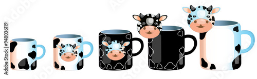 A clipart from a set of dishes for children and adults with milk and cow print accessories. Black specks, Dalmatian. Spotted cow texture. Vector on a separate white background.