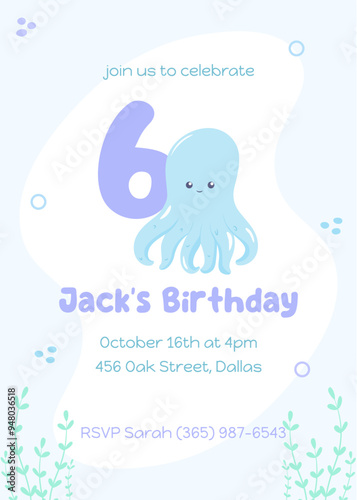 Under-the-sea adventure birthday invite. Playful sixth birthday card with a happy blue octopus in a soft blue and purple palette.