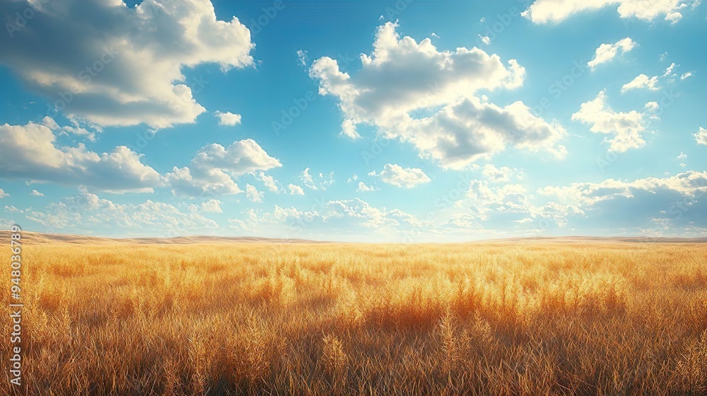 Wide Open Prairie Scenery with Lush Golden Grasses and Boundless Blue Skies for Calm Views Wide Open Prairie Scenery with Lush Golden Grasses and Boundless Blue Skies for Calm Views