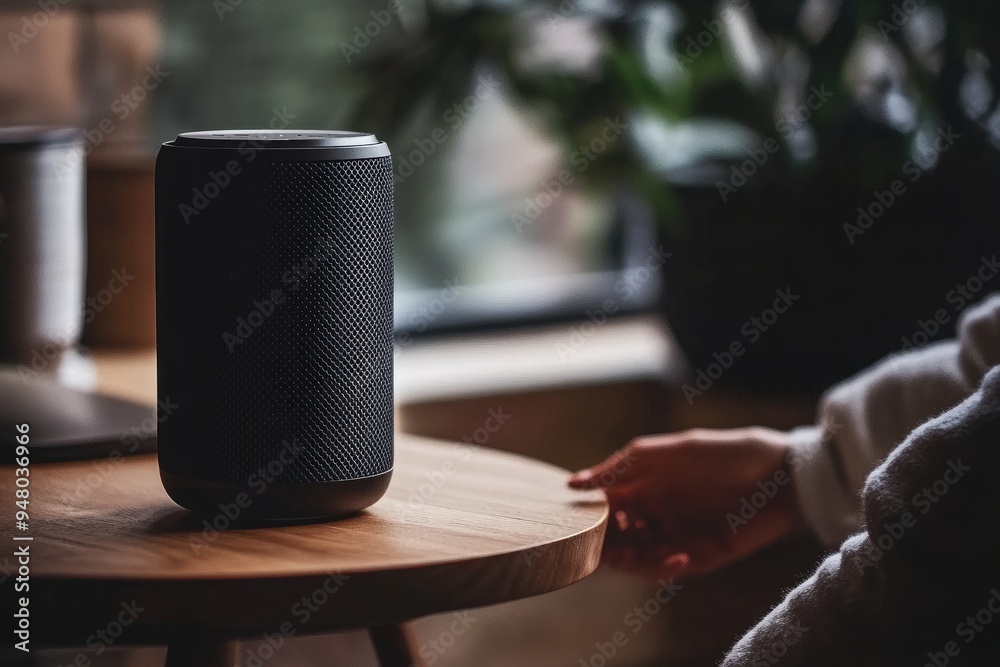A person with a high-end Bluetooth speaker in a sleek studio, highlighting the speaker’s design, audio quality, and modern features. A person with a high-end Bluetooth speaker in a sleek studio, highlighting the speaker’s design, audio quality, and modern features.