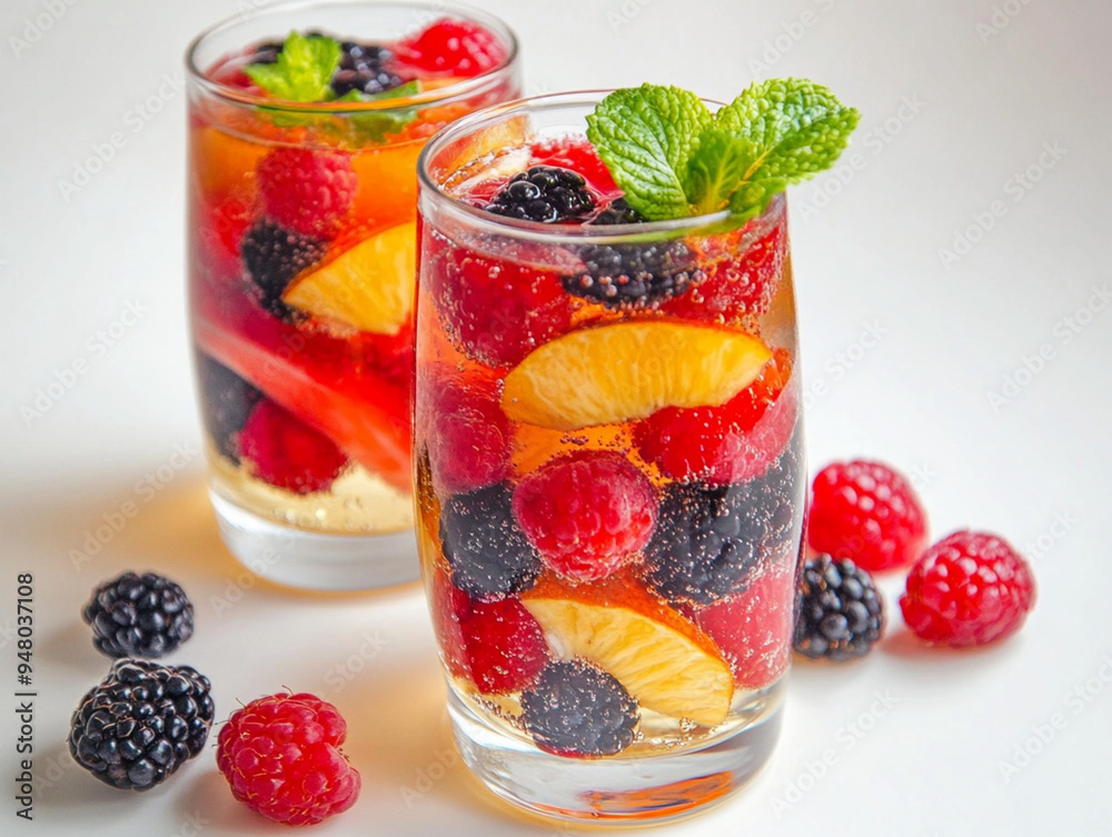 Detox Water with Lemon Slices and Berries in Glass on Wooden Table. Detox Water with Lemon Slices and Berries in Glass on Wooden Table.