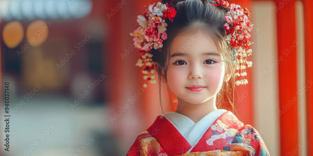 Young girl smiles sweetly while celebrating shichi go san at a local shrine. She is dressed in a vibrant red kimono with her hair done up in a traditional style. Banner Young girl smiles sweetly while celebrating shichi go san at a local shrine. She is dressed in a vibrant red kimono with her hair done up in a traditional style. Banner