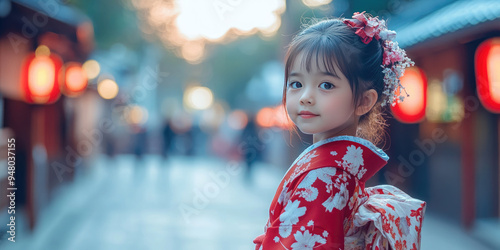 Young girl smiles sweetly while celebrating shichi go san at a local shrine. She is dressed in a vibrant red kimono with her hair done up in a traditional style. Banner. Copy space photo