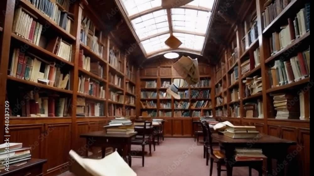 Old books floating in an old library, magical fairy tale atmosphere Old books floating in an old library, magical fairy tale atmosphere
