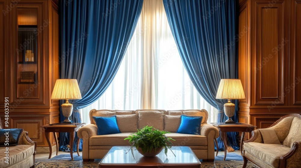 Royal blue silk curtains, elegantly pleated and hanging in a sophisticated living room with rich wooden furniture. Royal blue silk curtains, elegantly pleated and hanging in a sophisticated living room with rich wooden furniture.