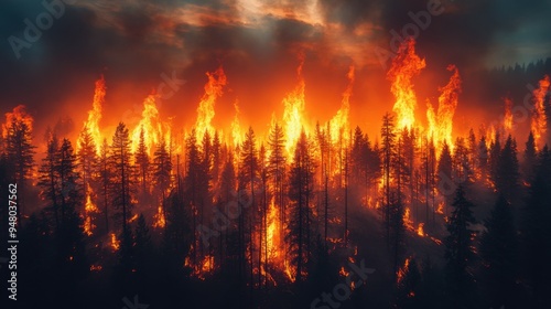 incredible photo of the forest after a big forest fire. black burnt trees. top view.