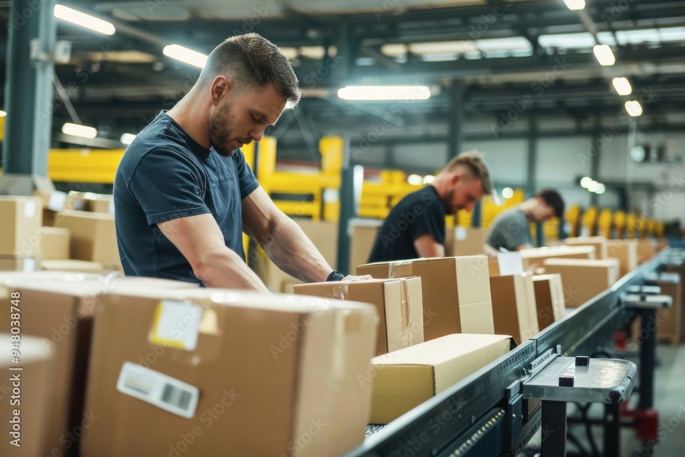 Boxes on conveyer belt Workers processing boxes on conveyor belt in distribution warehouse. Boxes on conveyer belt Workers processing boxes on conveyor belt in distribution warehouse.