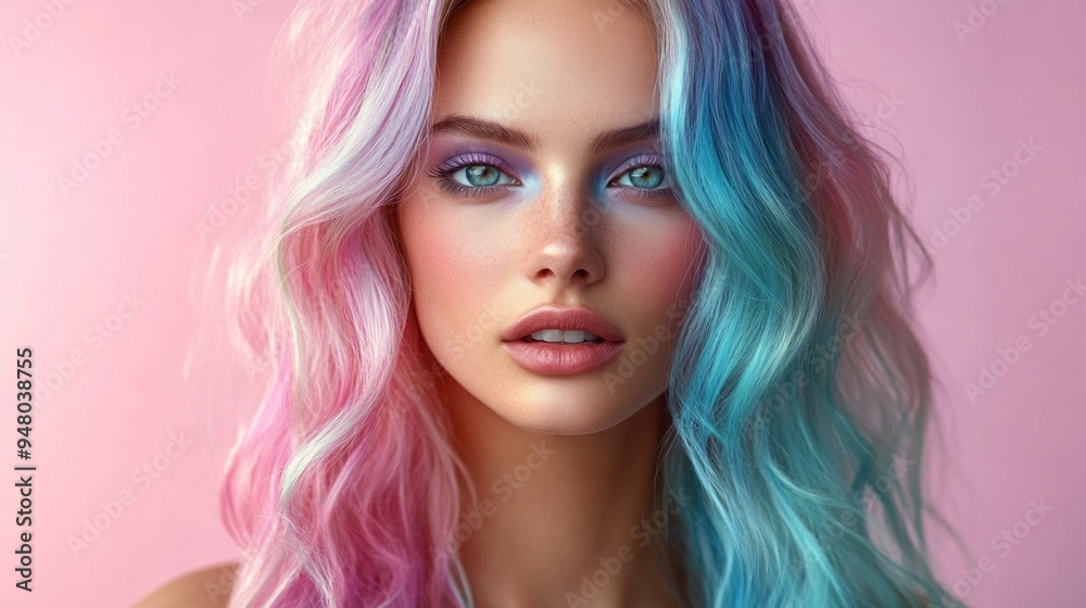 A woman with multi-colored hair and makeup
