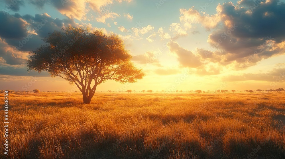 Fototapeta premium Open Savannah Vistas with Acacia Trees and Soft Golden Horizon for Scenic Beauty