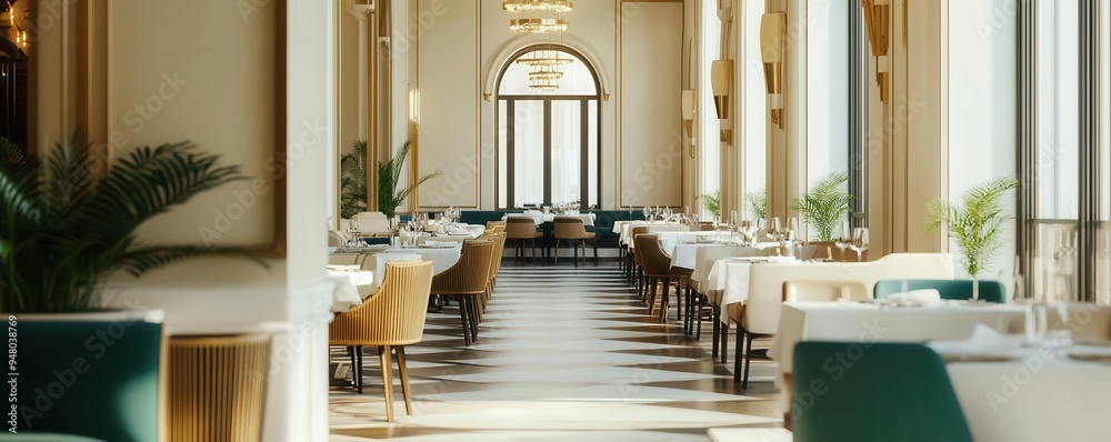 Fototapeta premium Elegant restaurant interior with stylish decor, large windows, and a calming atmosphere, perfect for dining and gatherings.