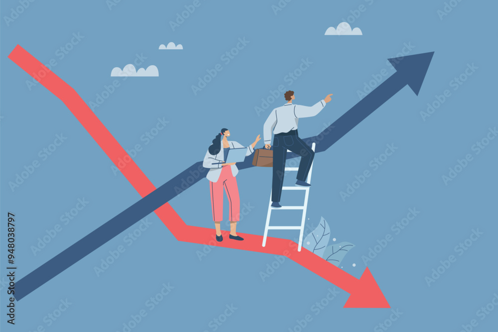 Changing strategies or adjusting business investments, The shift from downturn to a rising stock market recovery concept, Businessmen or investors avoid the down arrow and turn to the up arrow. Changing strategies or adjusting business investments, The shift from downturn to a rising stock market recovery concept, Businessmen or investors avoid the down arrow and turn to the up arrow.