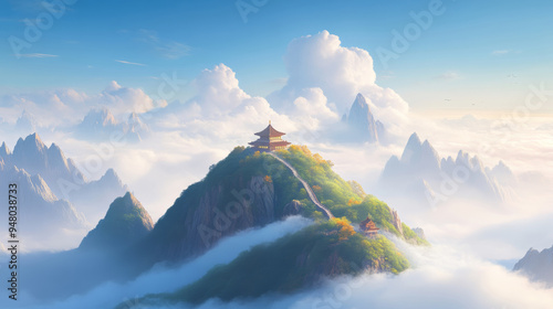 chinese myth scene, temple on the mountain, animated scene