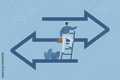 Changing strategies or adjusting business investments, Finding the right direction, Business opportunities or paths to success, Vision to decide the path ahead, Businessman choosing business path.