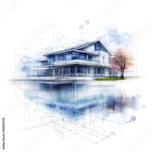 Abstract architectural rendering of a modern house with a glass facade, reflected on water, with network lines and a blossoming tree.