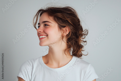 smile, photo, full color photo of side profile portrait of a woman with white t-shirt, seamless white background, high contrast