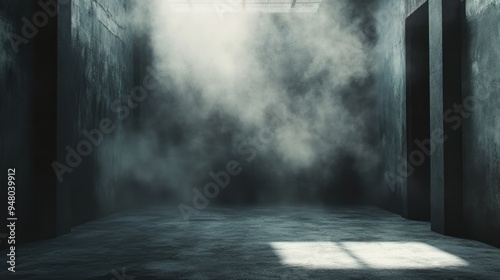 Foggy and Empty Concrete Hallway with a Light Source