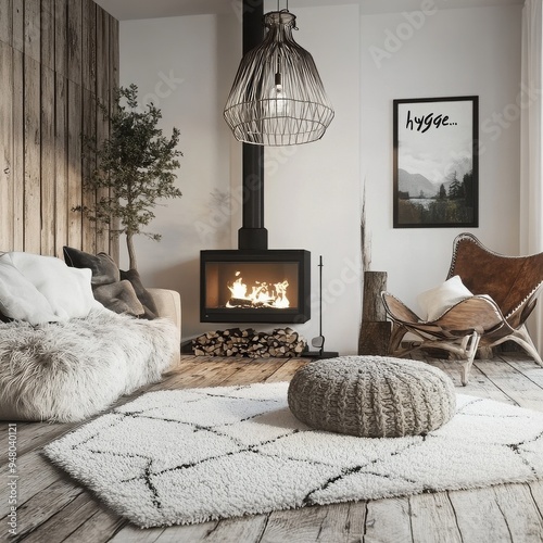 Cozy Hygge Home: Warm fireplace illuminates a Scandinavian inspired living room with a comfy couch, fur throws, and natural textures. 