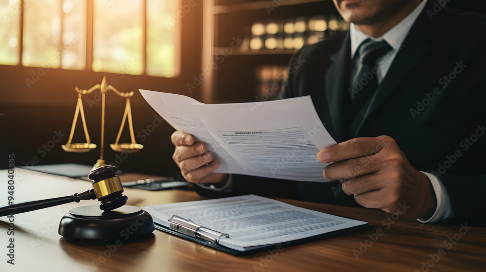 A Lawyer Holding the Gavel and Reviewing Documents in a Professional Setting, Demonstrating Legal Expertise and Diligence in a Courtroom or Office Environment, Emphasizing the Role of Legal Profession A Lawyer Holding the Gavel and Reviewing Documents in a Professional Setting, Demonstrating Legal Expertise and Diligence in a Courtroom or Office Environment, Emphasizing the Role of Legal Profession