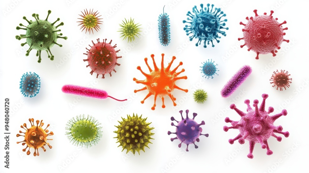 This visual displays a diverse array of colorful pathogens arranged artistically, highlighting their unique shapes and forms This visual displays a diverse array of colorful pathogens arranged artistically, highlighting their unique shapes and forms