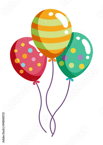 Three colorful balloons are flying in the air on a white bg