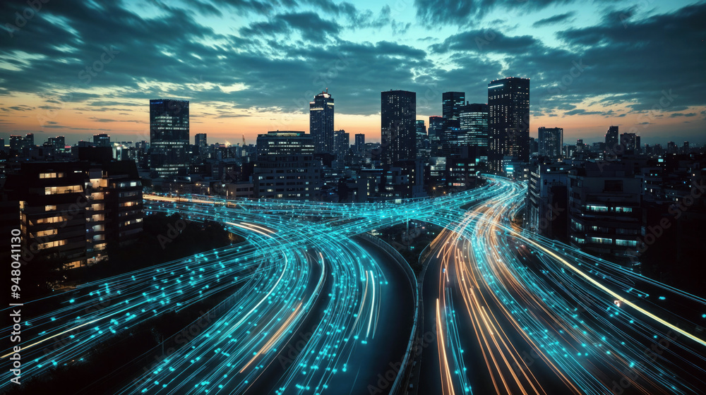 Obraz premium Smart city concept illustrated by light trails forming data streams in a city at dusk